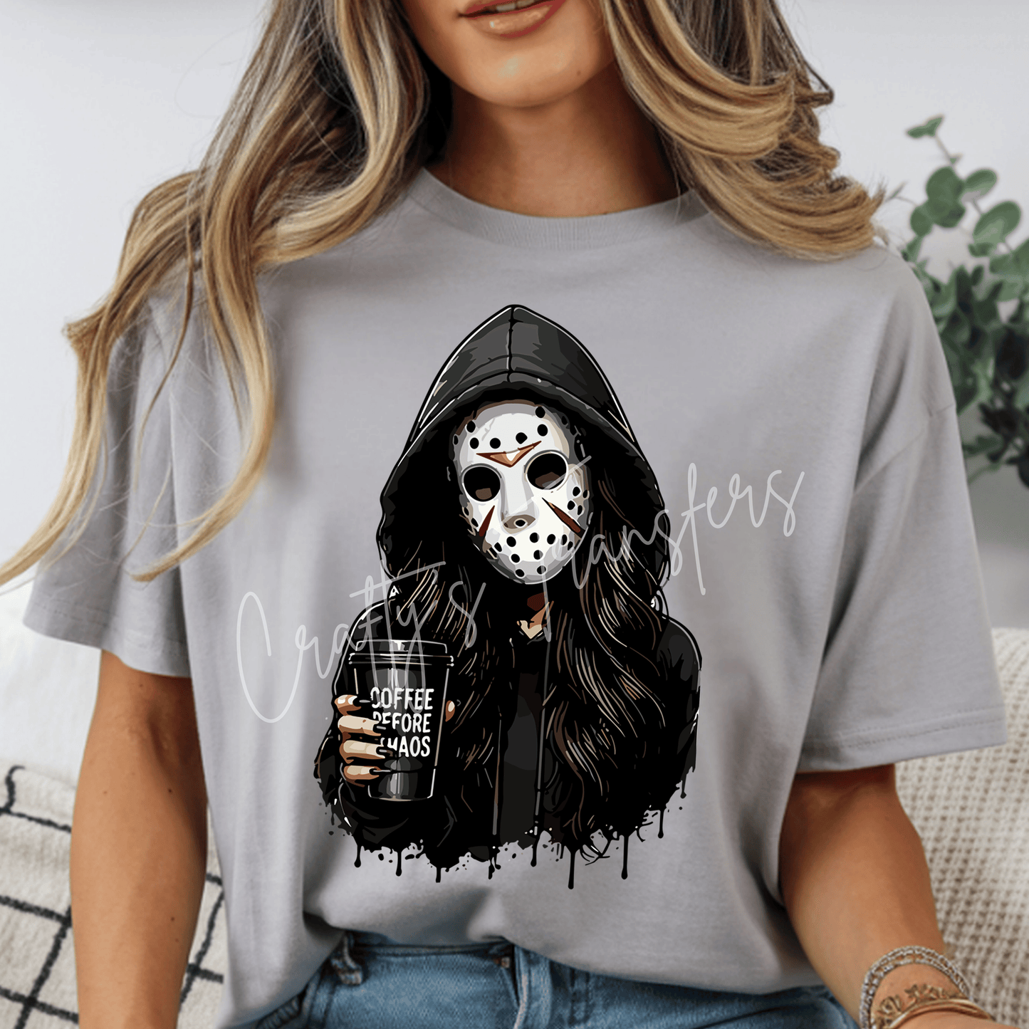 Coffee Before Chaos DTF Transfer – Masked Spooky Girl Graphic – Creepy Cute Halloween Design