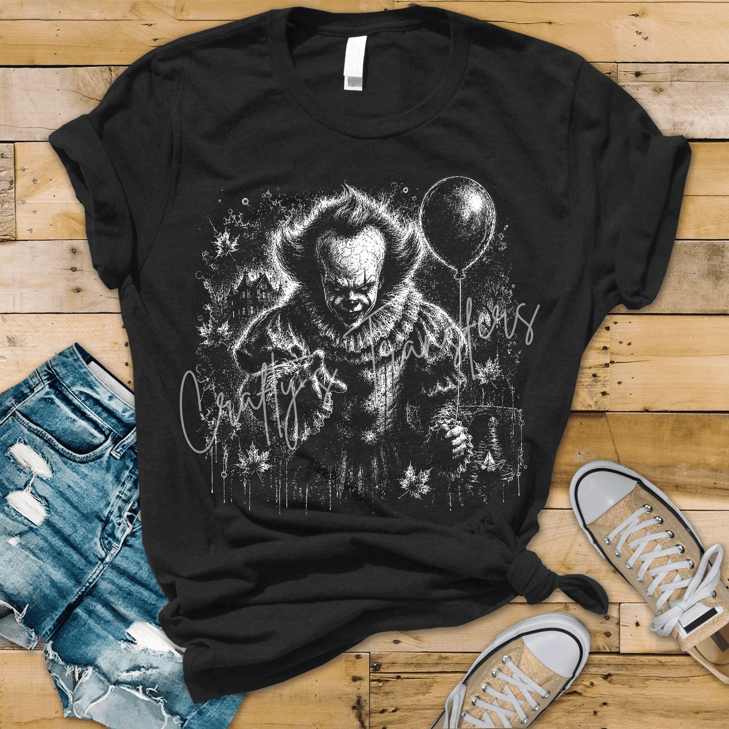 Sinister Carnival Clown DTF Transfer – Black and White Horror Graphic – Spooky Halloween Shirt Design