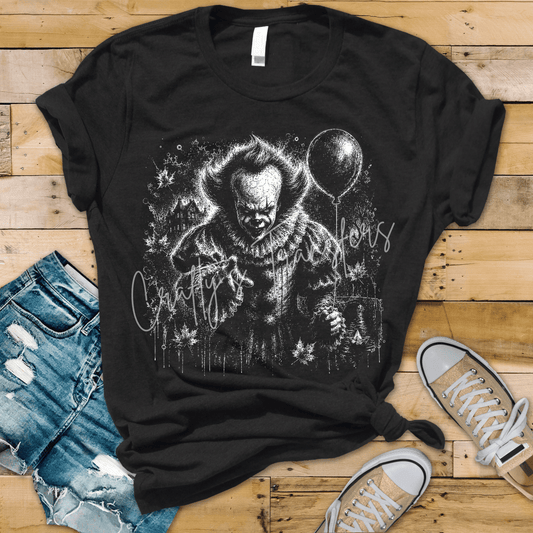 Sinister Carnival Clown DTF Transfer – Black and White Horror Graphic – Spooky Halloween Shirt Design