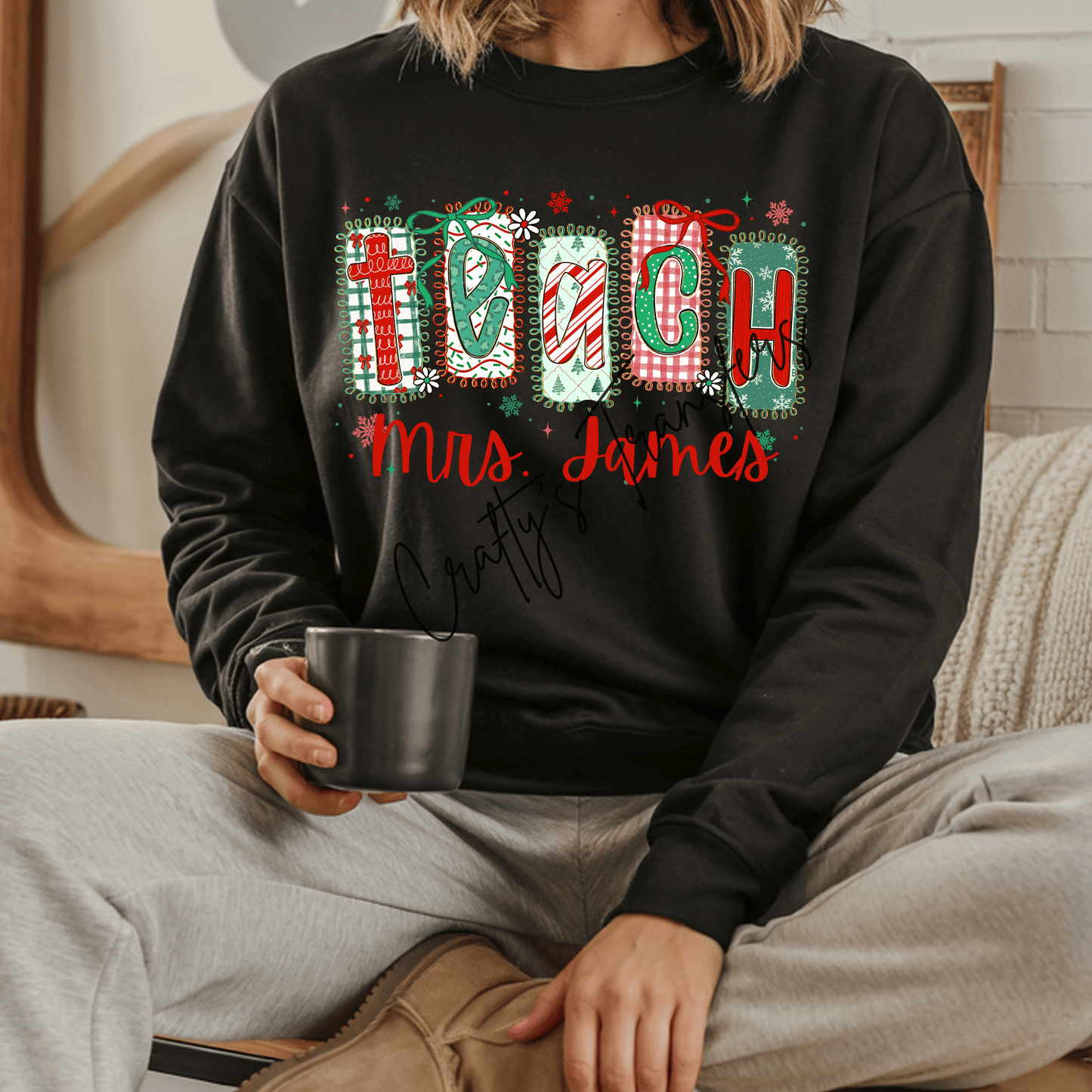 Personalized Teacher DTF Transfer – Custom Name Christmas TEACH Design – Festive Patchwork Teacher Shirt Graphic