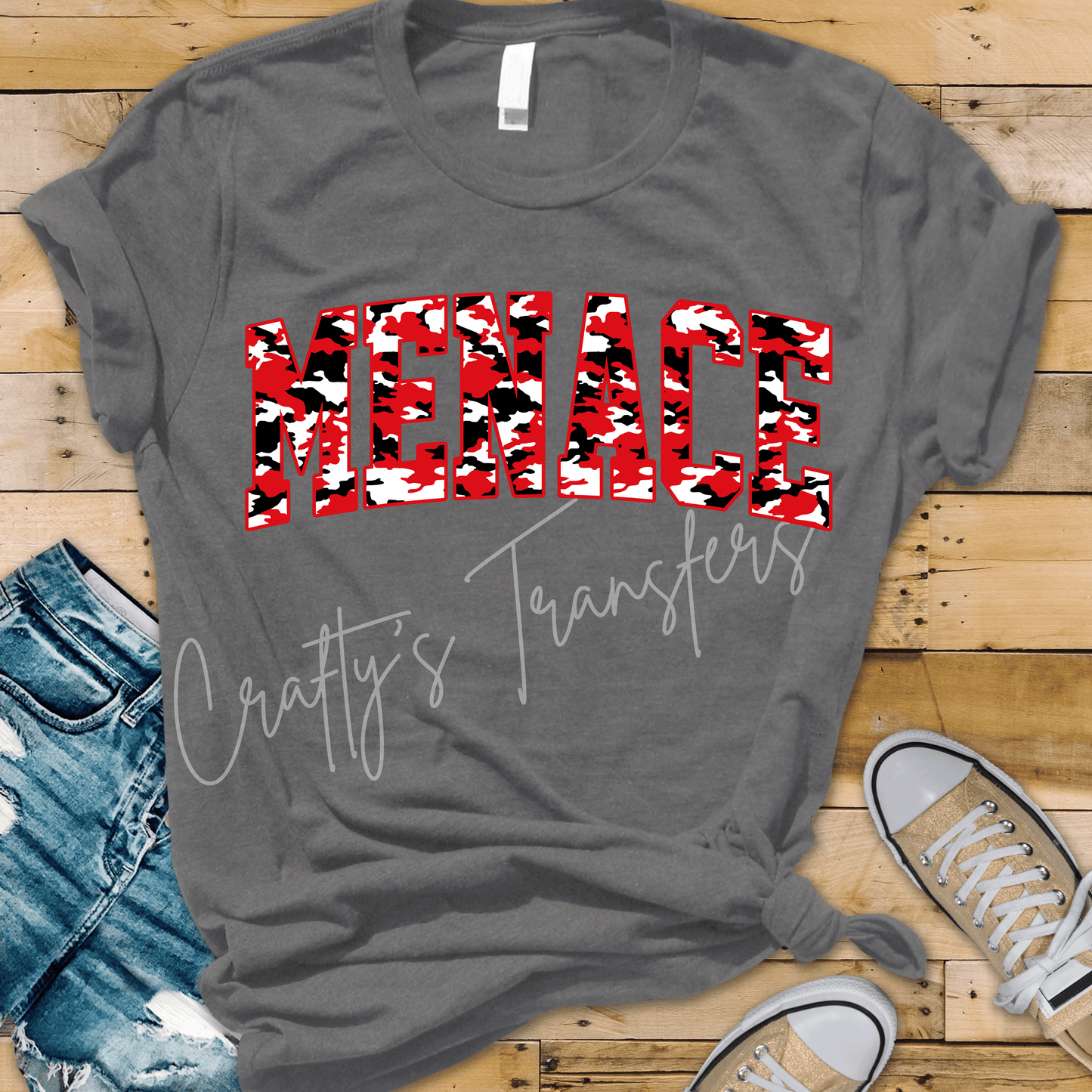 Menace Red Camo DTF Transfer – Bold Collegiate Word Graphic – Red Black Statement Shirt Design
