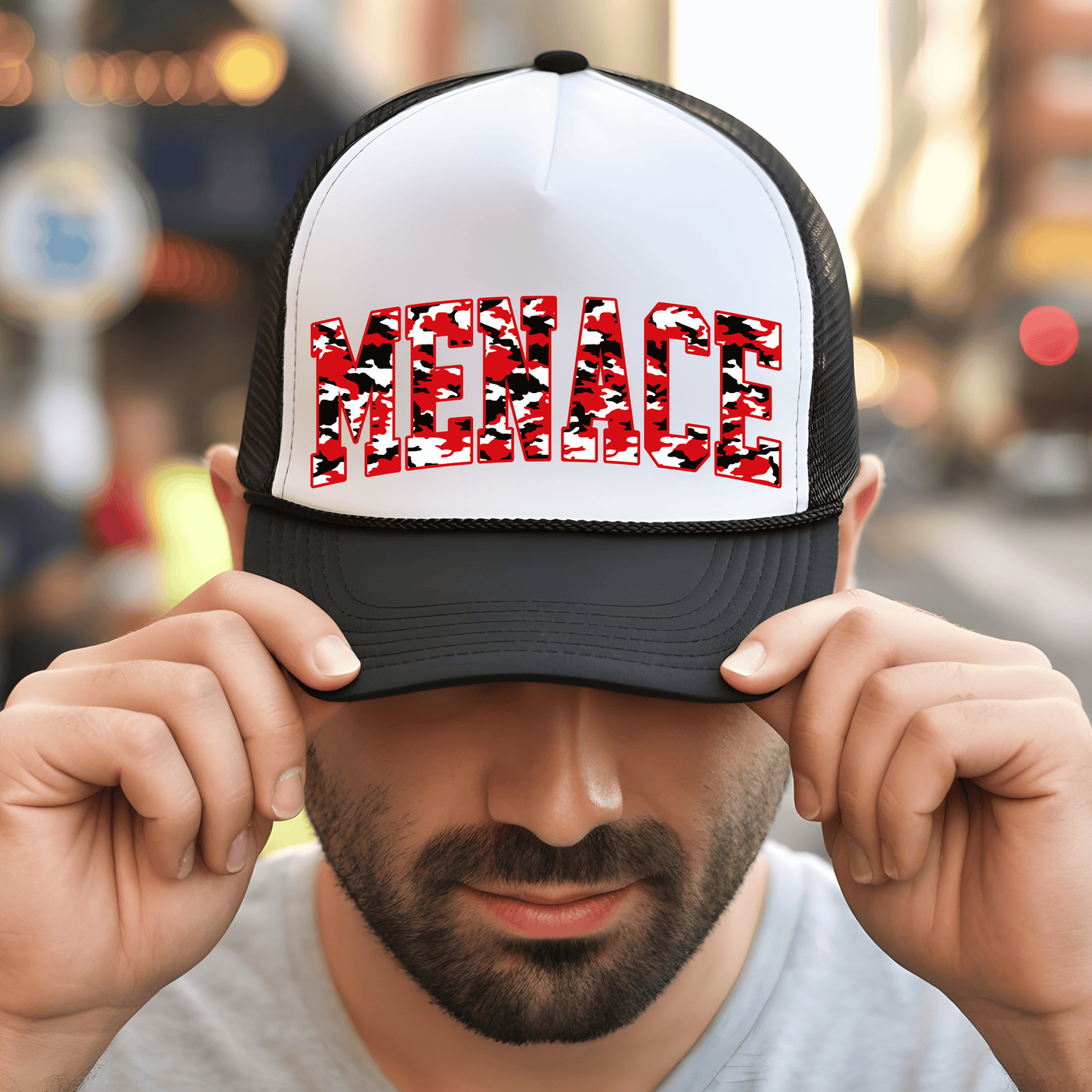Menace Red Camo DTF Transfer – Bold Collegiate Word Graphic – Red Black Statement Shirt Design