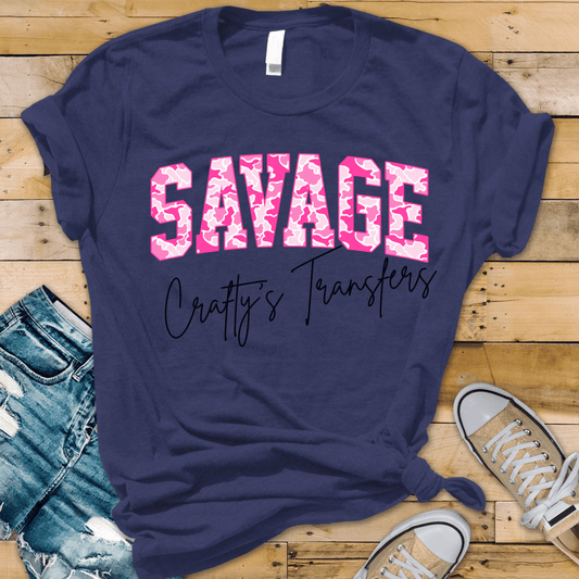 Pink Camo Savage DTF Transfer – Bold Collegiate Word Graphic – Hot Pink Statement Shirt Design