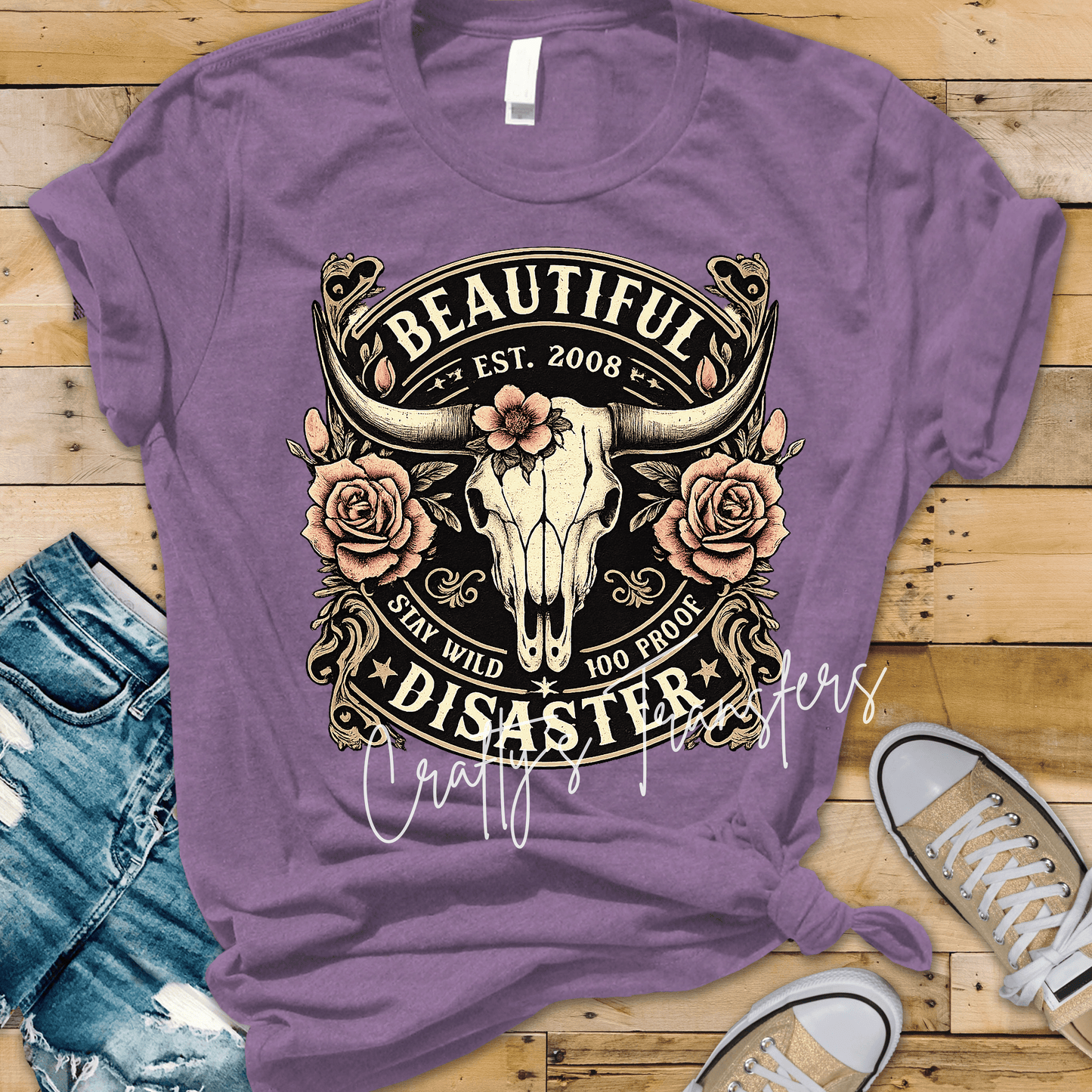 Beautifully Untamed Western DTF Transfer – Longhorn Skull and Pink Roses – Cowgirl Shirt Design
