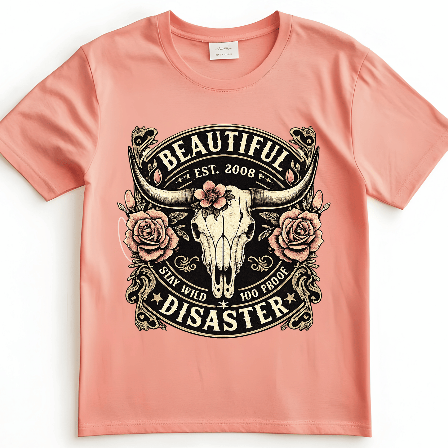 Beautifully Untamed Western DTF Transfer – Longhorn Skull and Pink Roses – Cowgirl Shirt Design