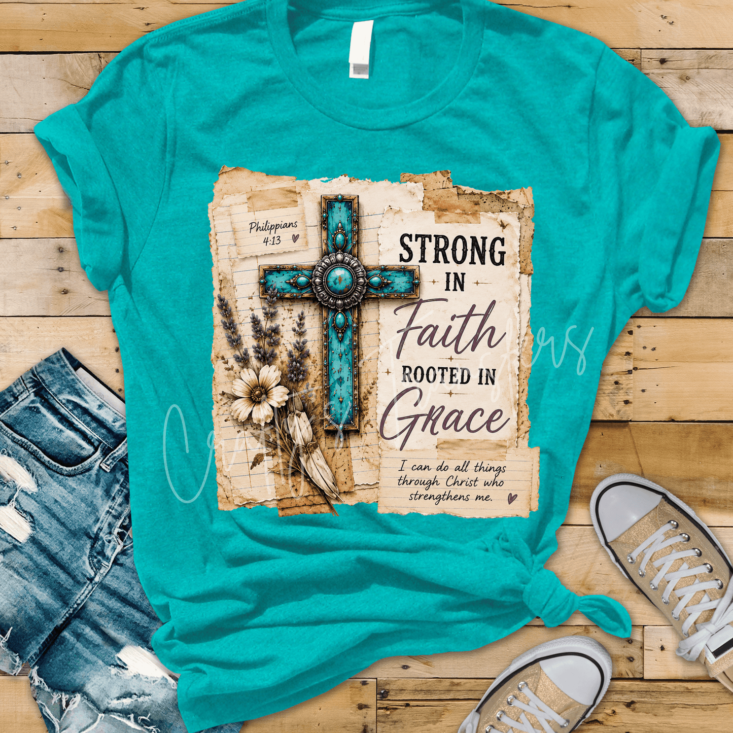 Strong in Faith Rooted in Grace DTF Transfer – Turquoise Cross Christian Shirt Design