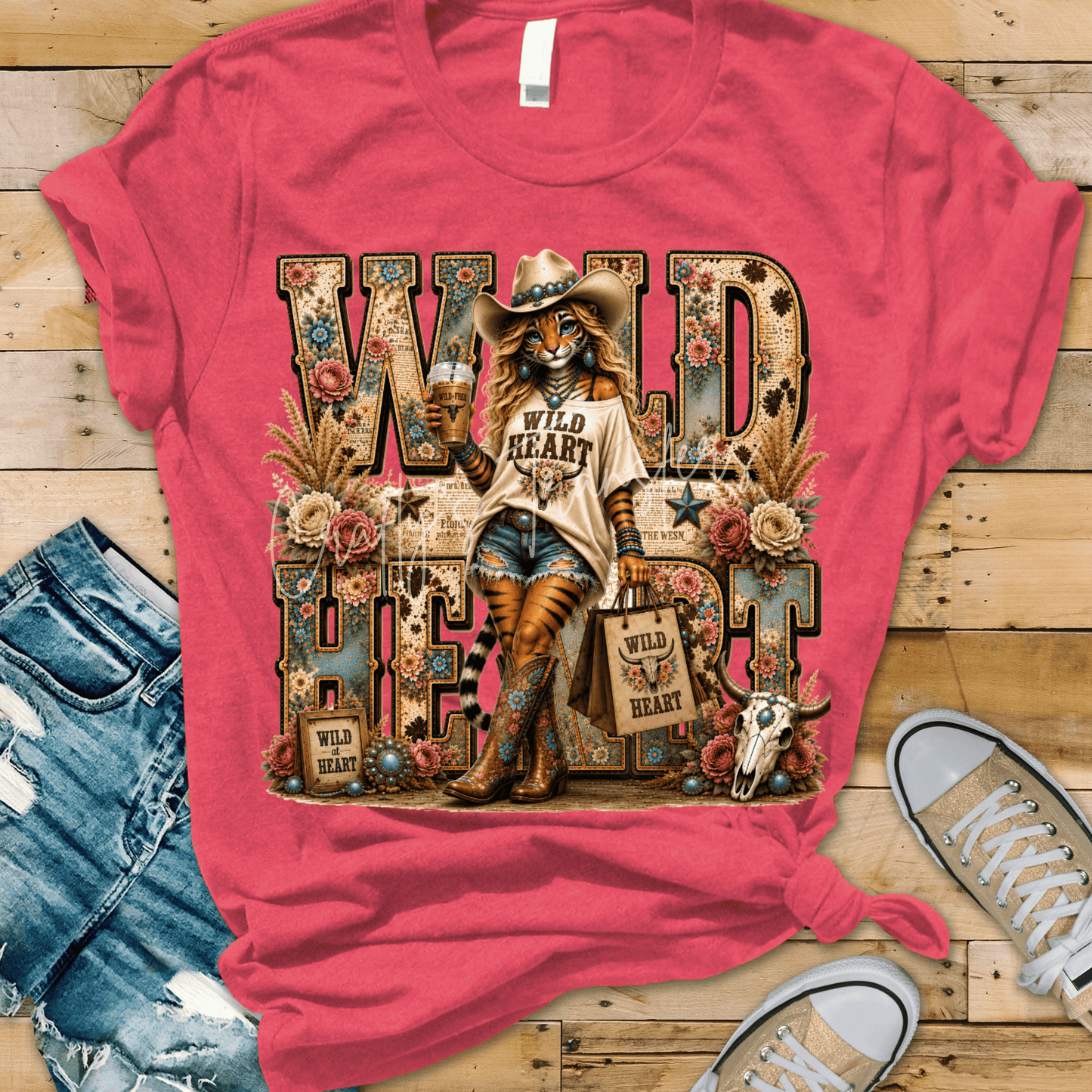 Wild Heart Western Tiger Cowgirl DTF Transfer – Floral Boho Country Shirt Design