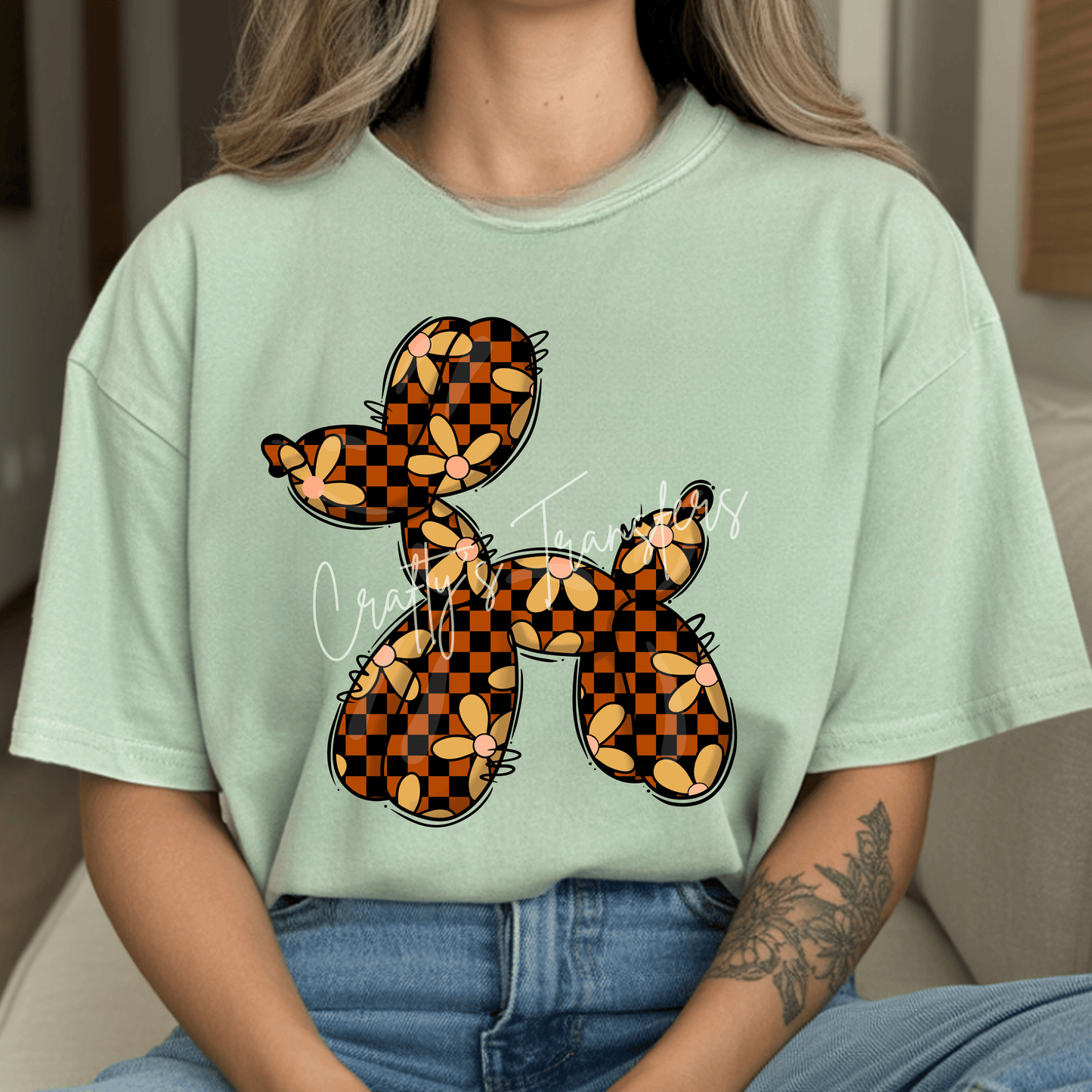 Floral Checkered Balloon Dog DTF Transfer – Retro Fall Daisy Shirt Design