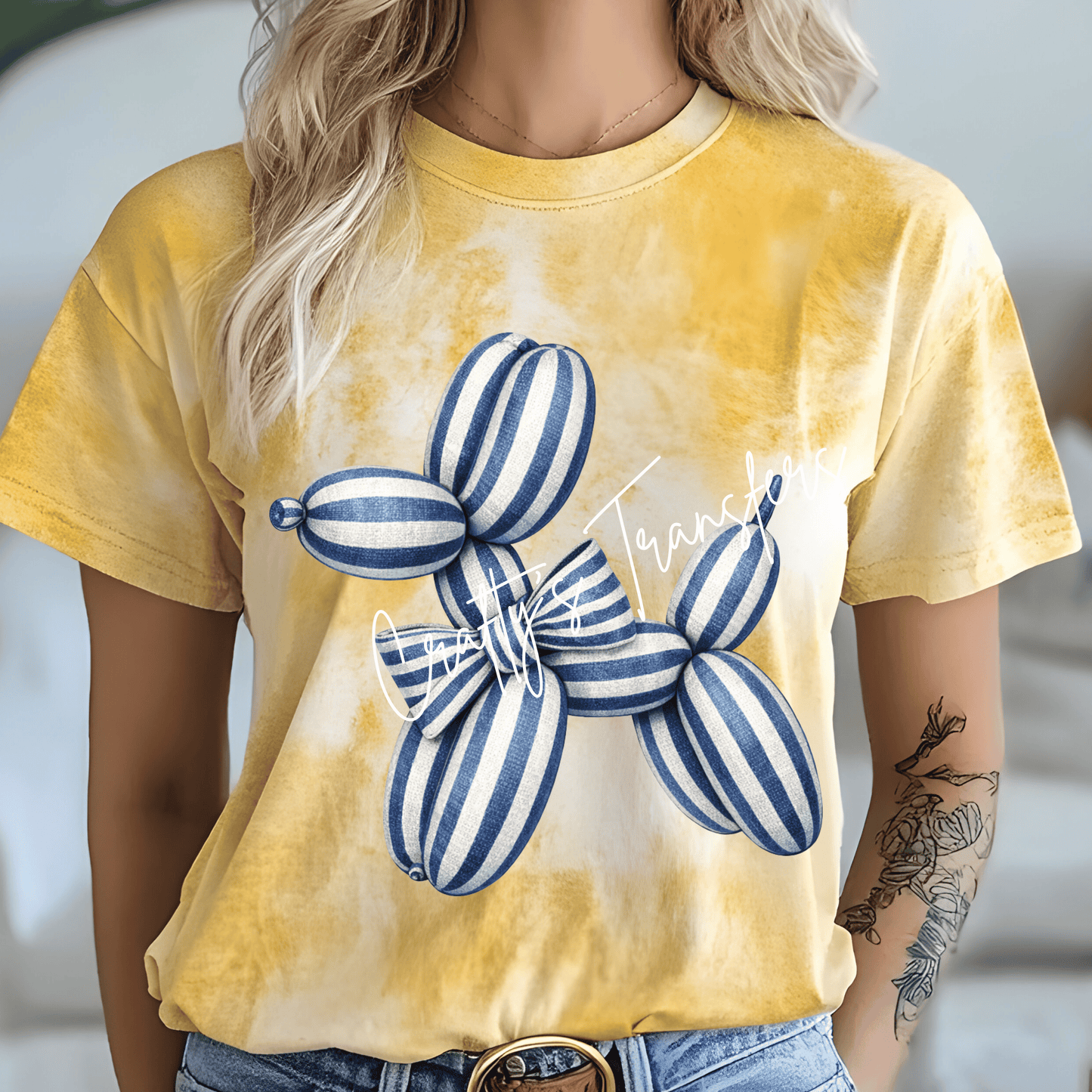 Blue Striped Balloon Dog DTF Transfer – Preppy Bow Dog Shirt Design