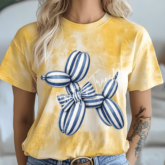 Blue Striped Balloon Dog DTF Transfer – Preppy Bow Dog Shirt Design