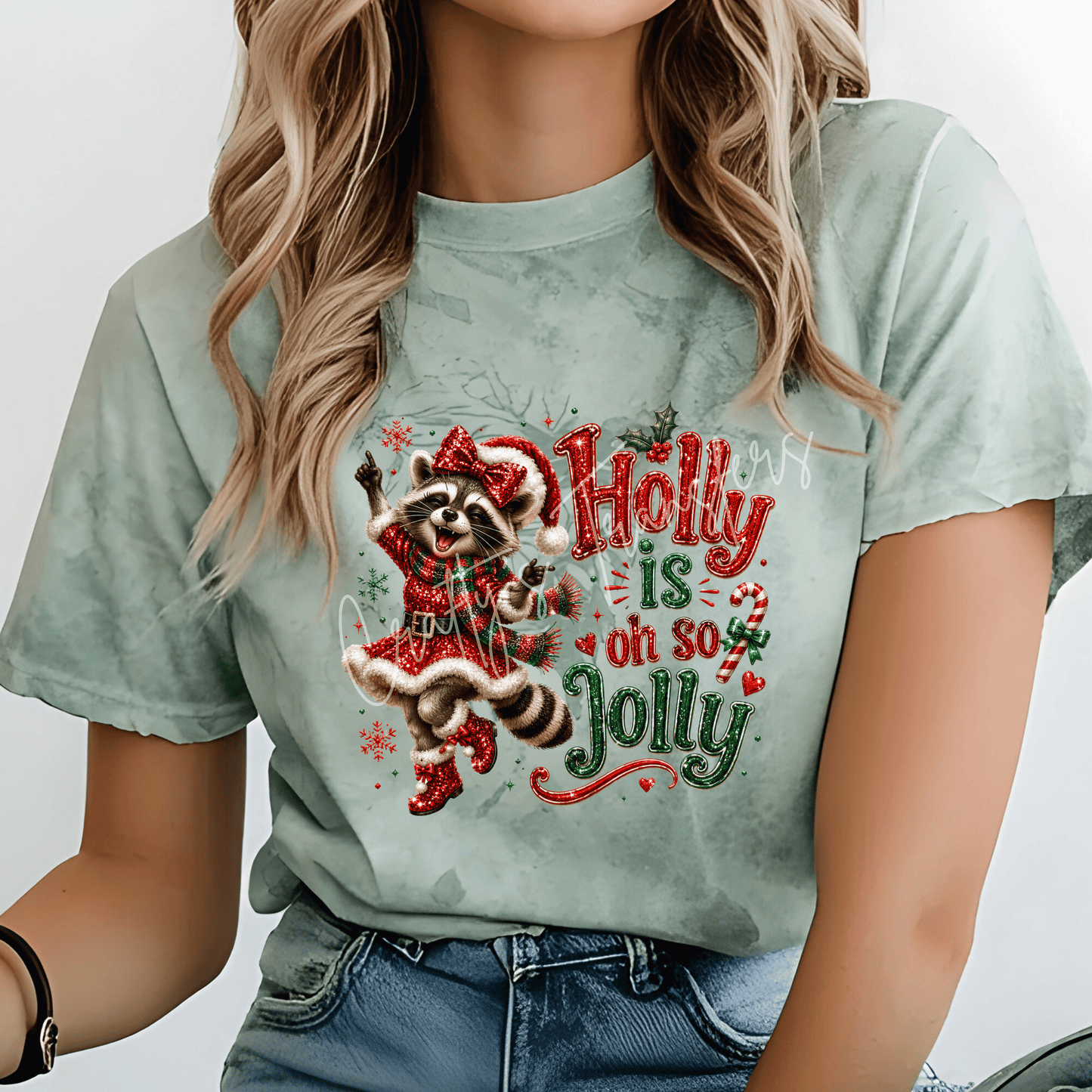 Holly Jolly Christmas Raccoon DTF Transfer – Glitter Holiday Shirt Design