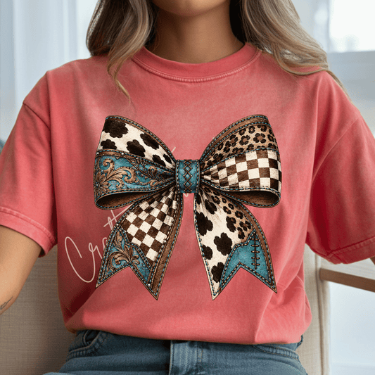 Western Cow Print Bow DTF Transfer – Turquoise Tooled Leather & Leopard Design