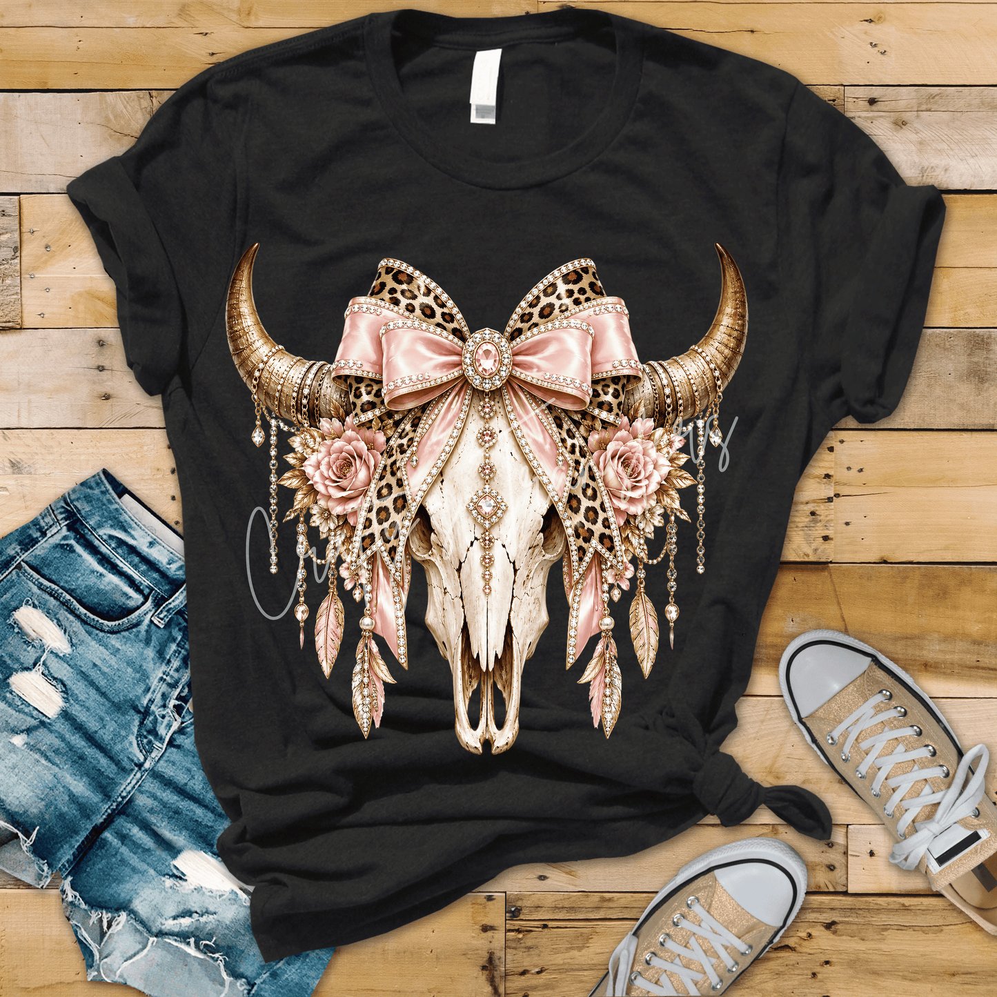 Pink Bow Steer Skull DTF Transfer – Leopard Rhinestone Western Cowgirl Design