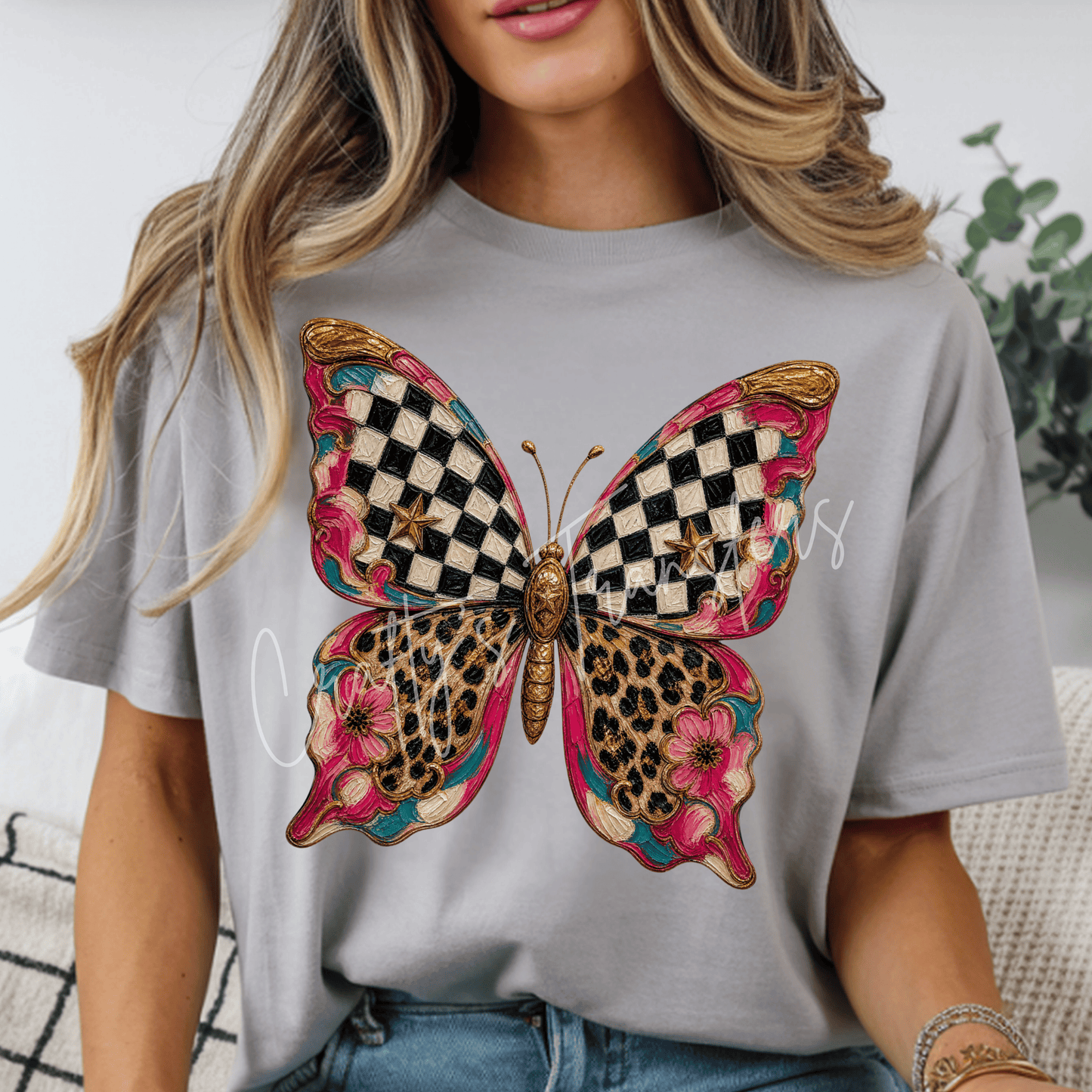 Western Butterfly DTF Transfer – Leopard Checkered Floral Cowgirl Shirt Design