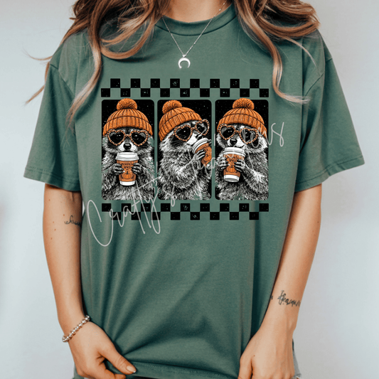 Fall Raccoon Trio DTF Transfer – Pumpkin Spice Coffee Autumn Shirt Design