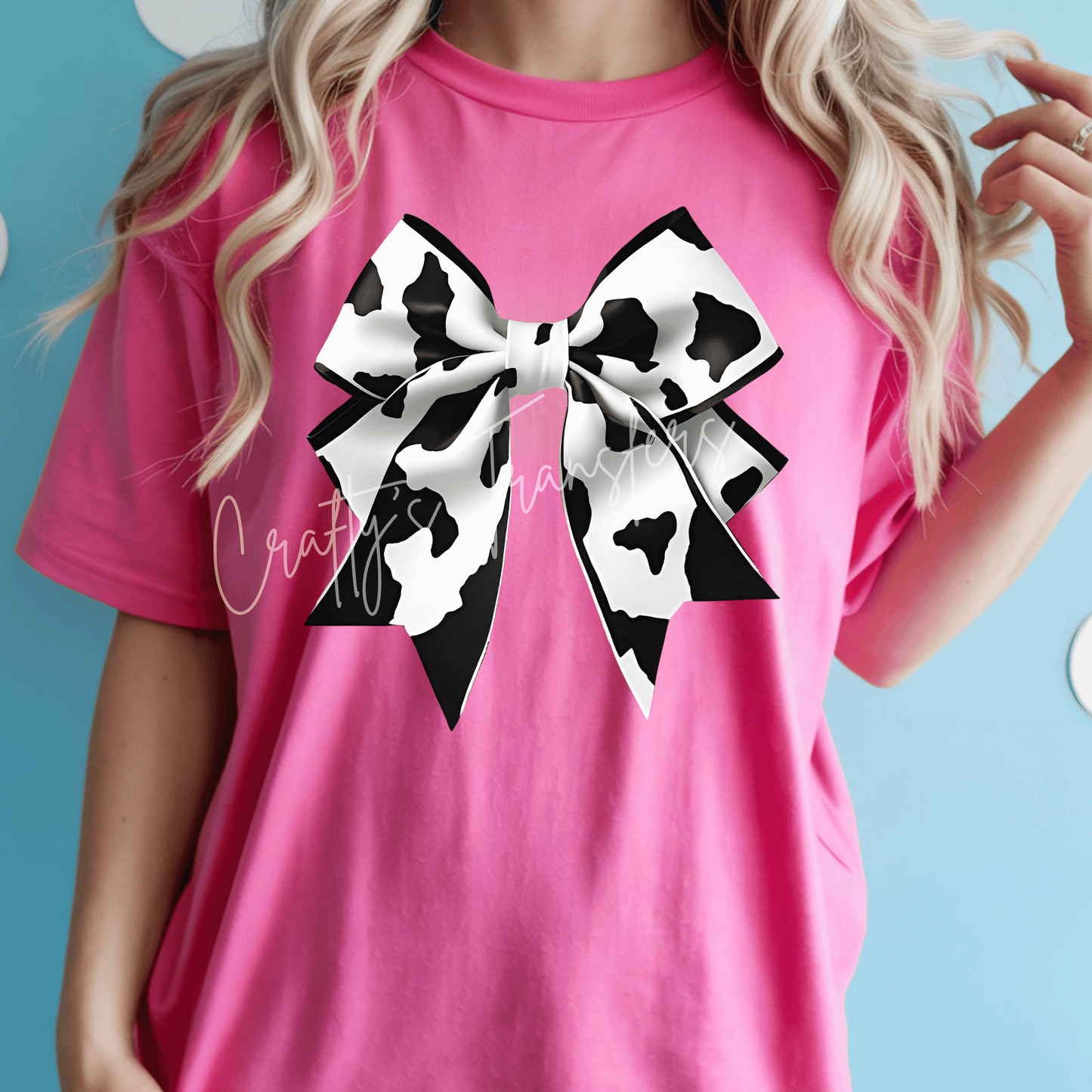 Cow Print Bow DTF Transfer – Black and White Western Cowgirl Shirt Design
