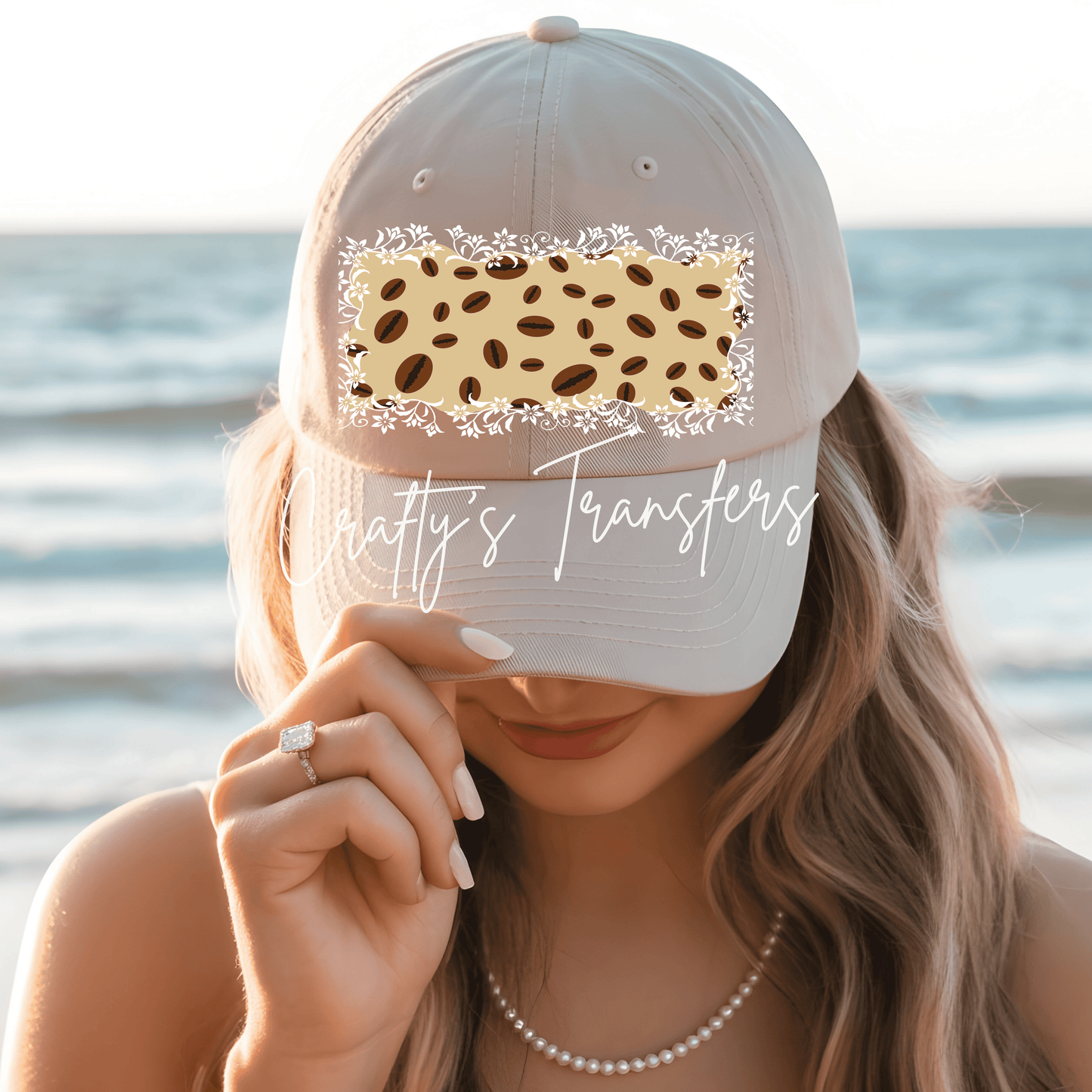 Coffee Bean Floral DTF Transfer – Neutral Tan Coffee Lover Trucker Hat Design