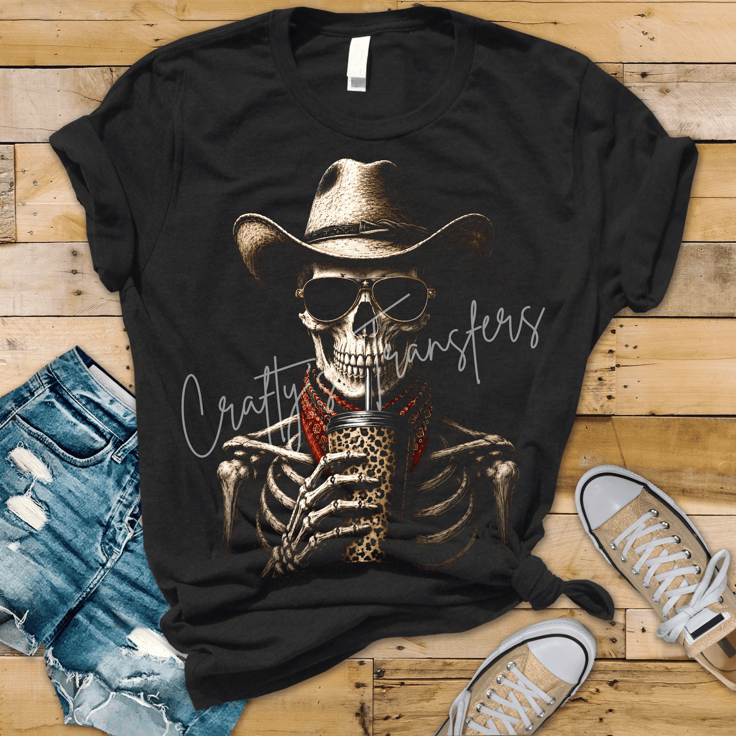 Western Skeleton DTF Transfer – Cowboy Hat, Leopard Tumbler & Sunglasses Shirt Design