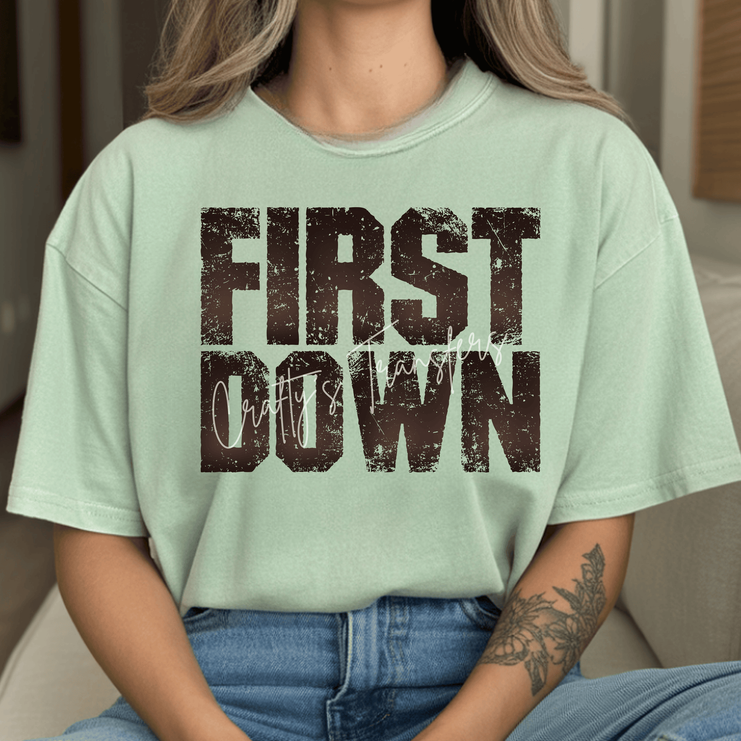 First Down DTF Transfer – Distressed Football Shirt Design | Rustic Sports Graphic