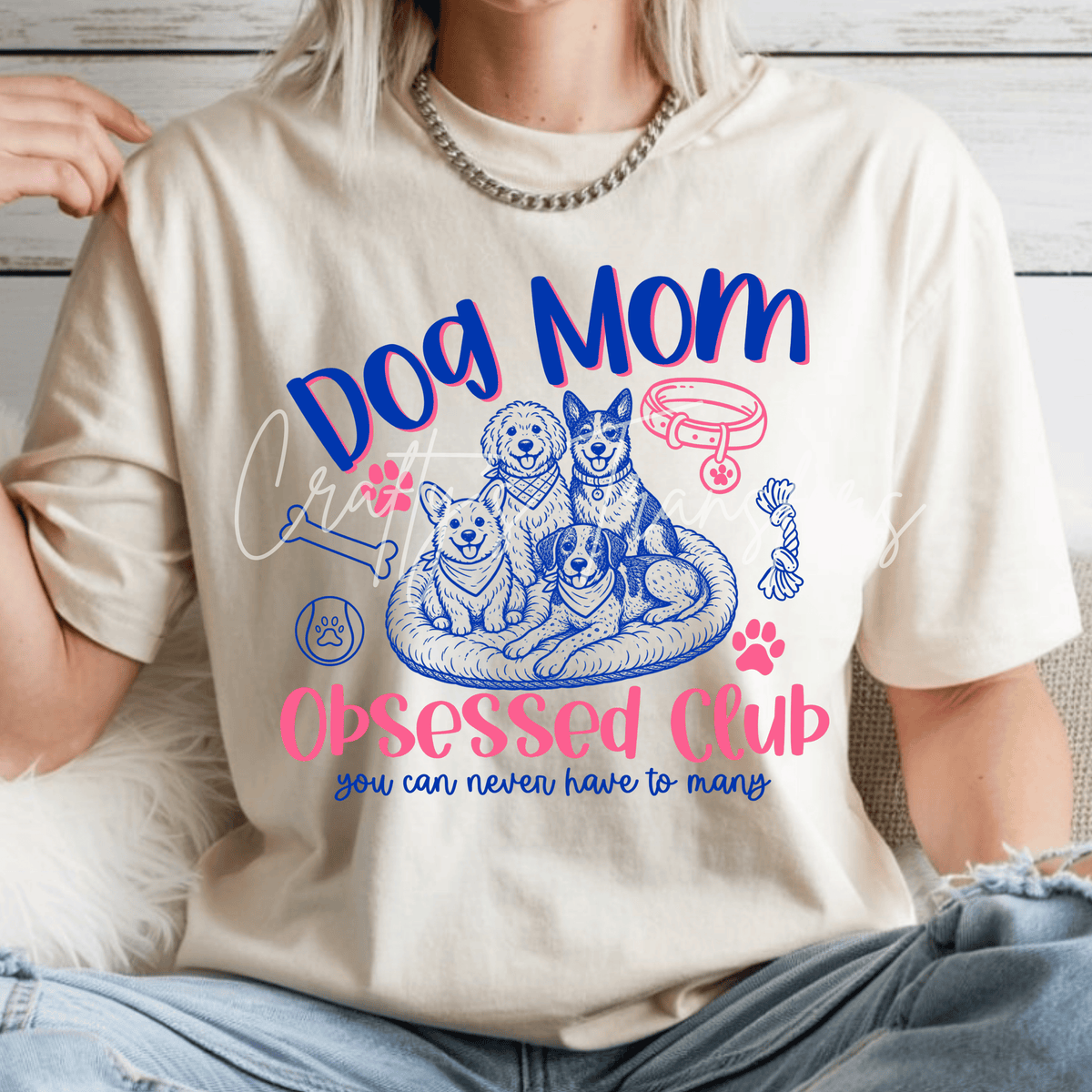 Dog Mom DTF Transfer – Cute Multi Dog Lover Design with Paw Prints & Pet Accessories