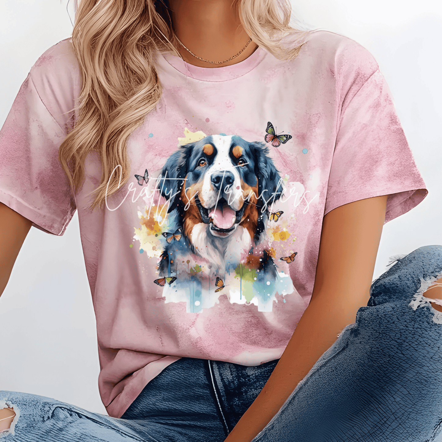 Bernese Mountain Dog DTF Transfer – Colorful Watercolor Dog with Butterflies Pet Lover Design