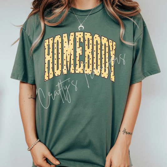 Homebody DTF Transfer – Distressed Polka Dot Varsity Letter Shirt Design