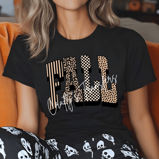 Fall Pattern DTF Transfer – Leopard Checkered Stripe & Polka Dot Shirt Design
