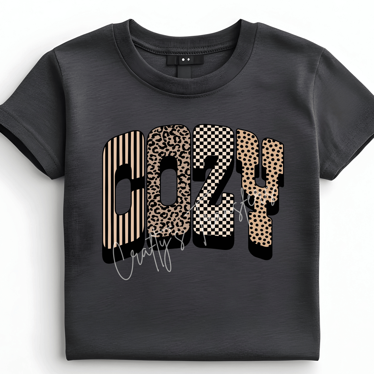 Cozy Pattern DTF Transfer – Leopard Checkered Stripe & Polka Dot Shirt Design