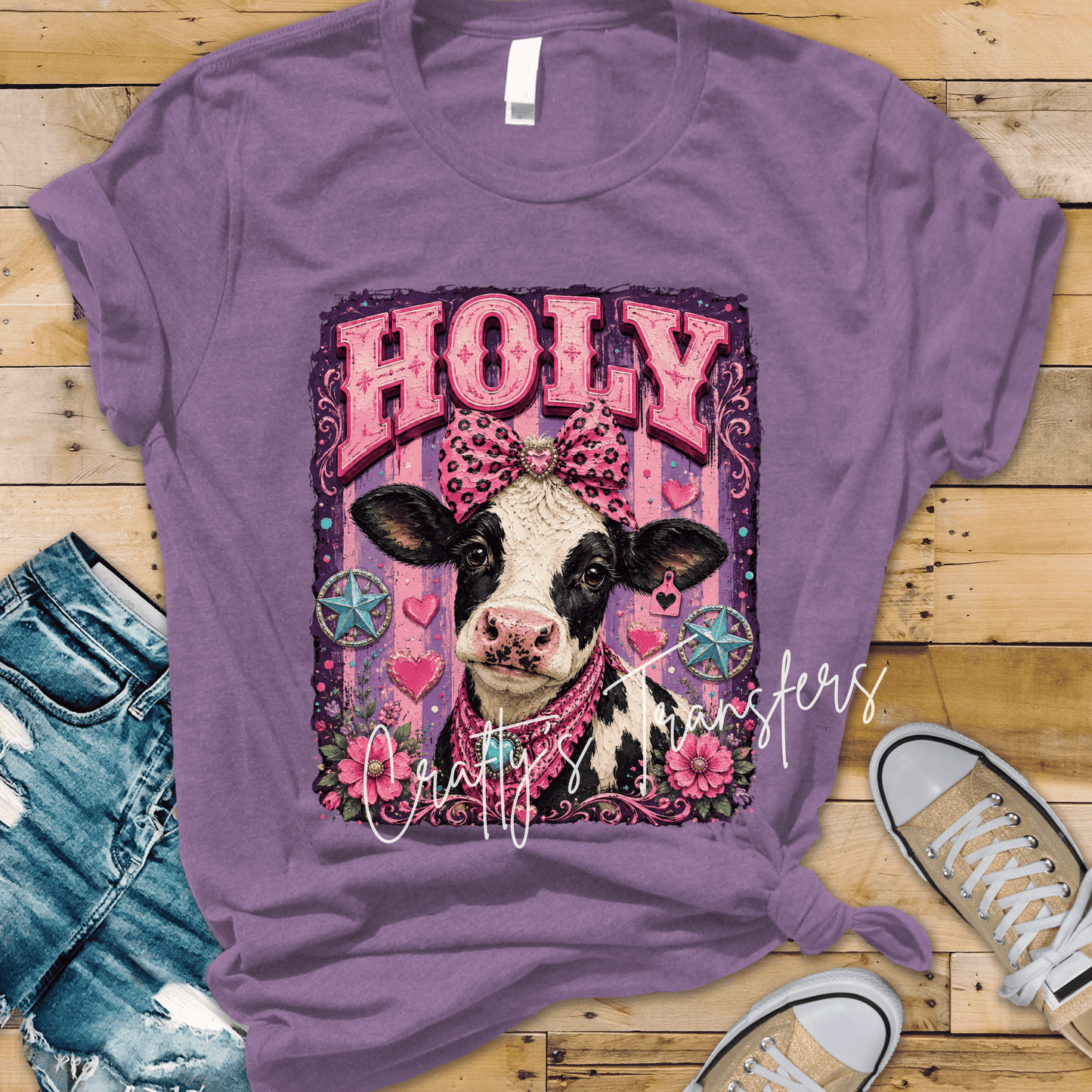 Holy Cow DTF Transfer – Cute Western Cow with Pink Bow, Hearts & Floral Farm Design