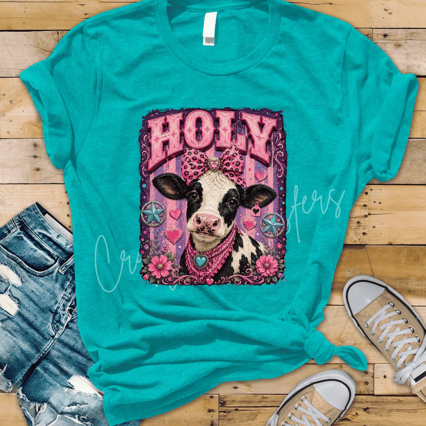 Holy Cow DTF Transfer – Cute Western Cow with Pink Bow, Hearts & Floral Farm Design