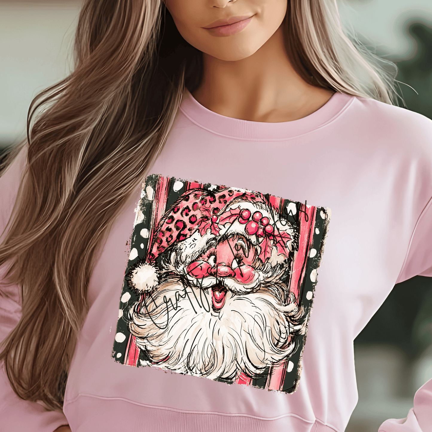 Pink Santa DTF Transfer – Whimsical Christmas Santa with Leopard Print & Polka Dot Holiday Design