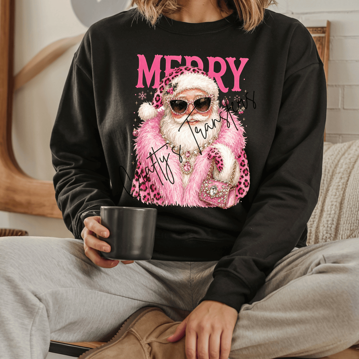 Pink Glam Santa DTF Transfer – Merry Christmas Santa with Leopard Print, Sunglasses & Sparkle