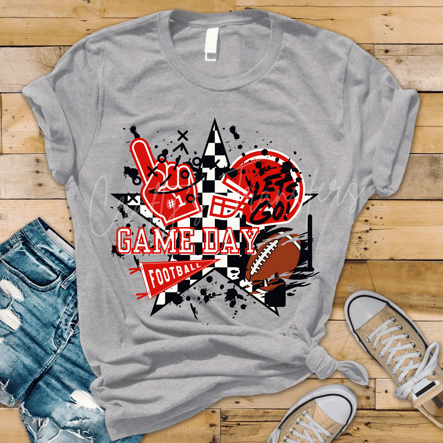 Red Football Game Day DTF Transfer – Retro Checkered Helmet, Foam Finger & Football Design