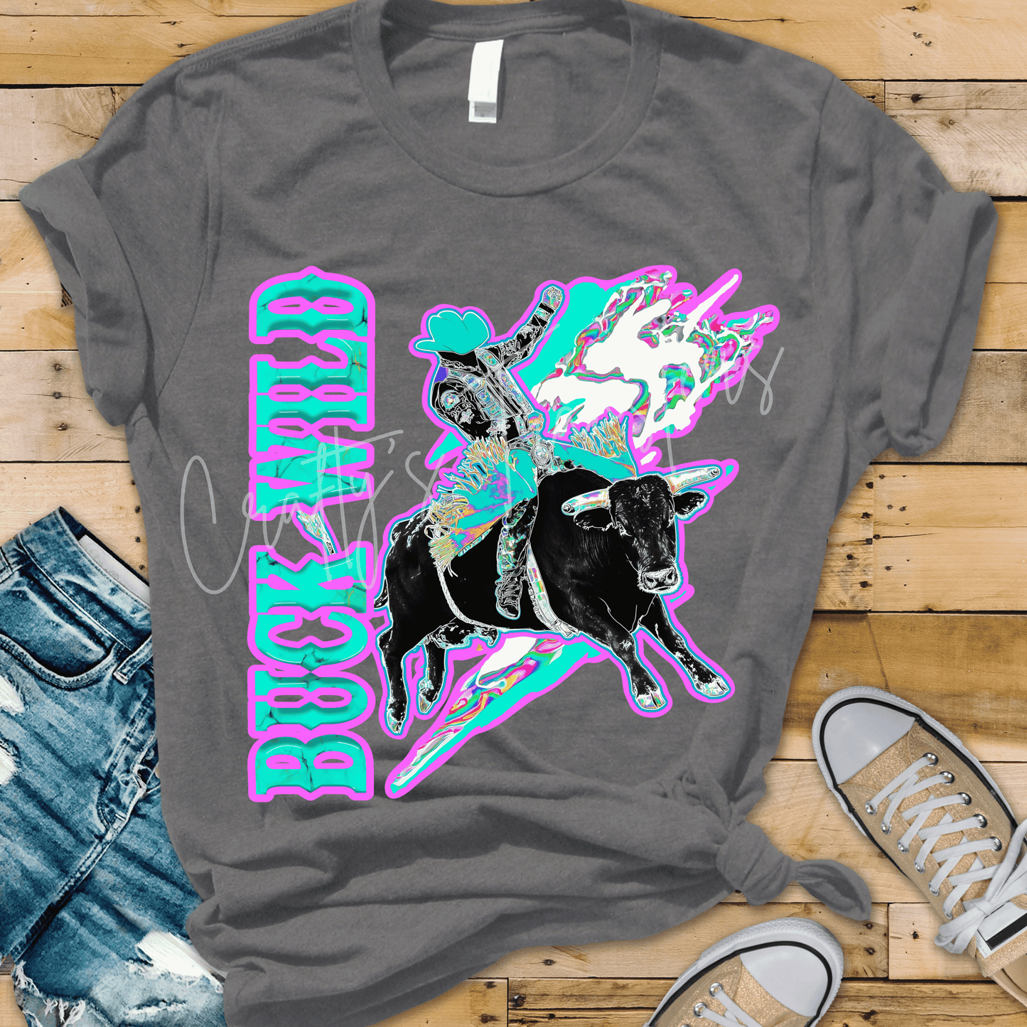 Buck Wild Bull Riding DTF Transfer – Neon Western Rodeo Cowboy Graphic in Turquoise & Pink