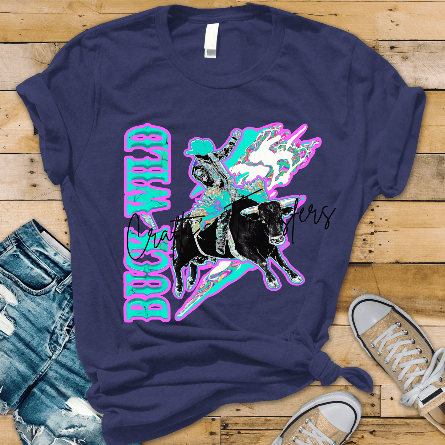 Buck Wild Bull Riding DTF Transfer – Neon Western Rodeo Cowboy Graphic in Turquoise & Pink