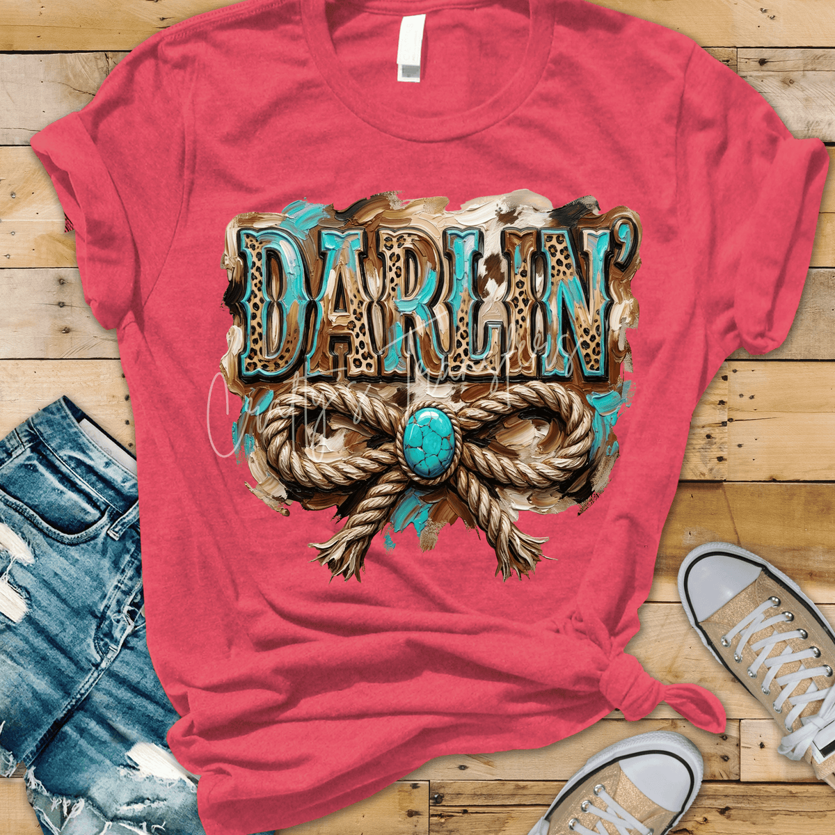 Darlin’ Western DTF Transfer – Turquoise Leopard Print Cowhide Rope Bow Design