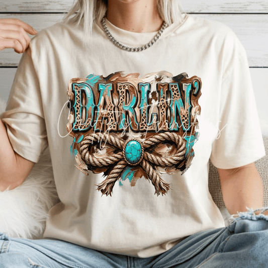 Darlin’ Western DTF Transfer – Turquoise Leopard Print Cowhide Rope Bow Design