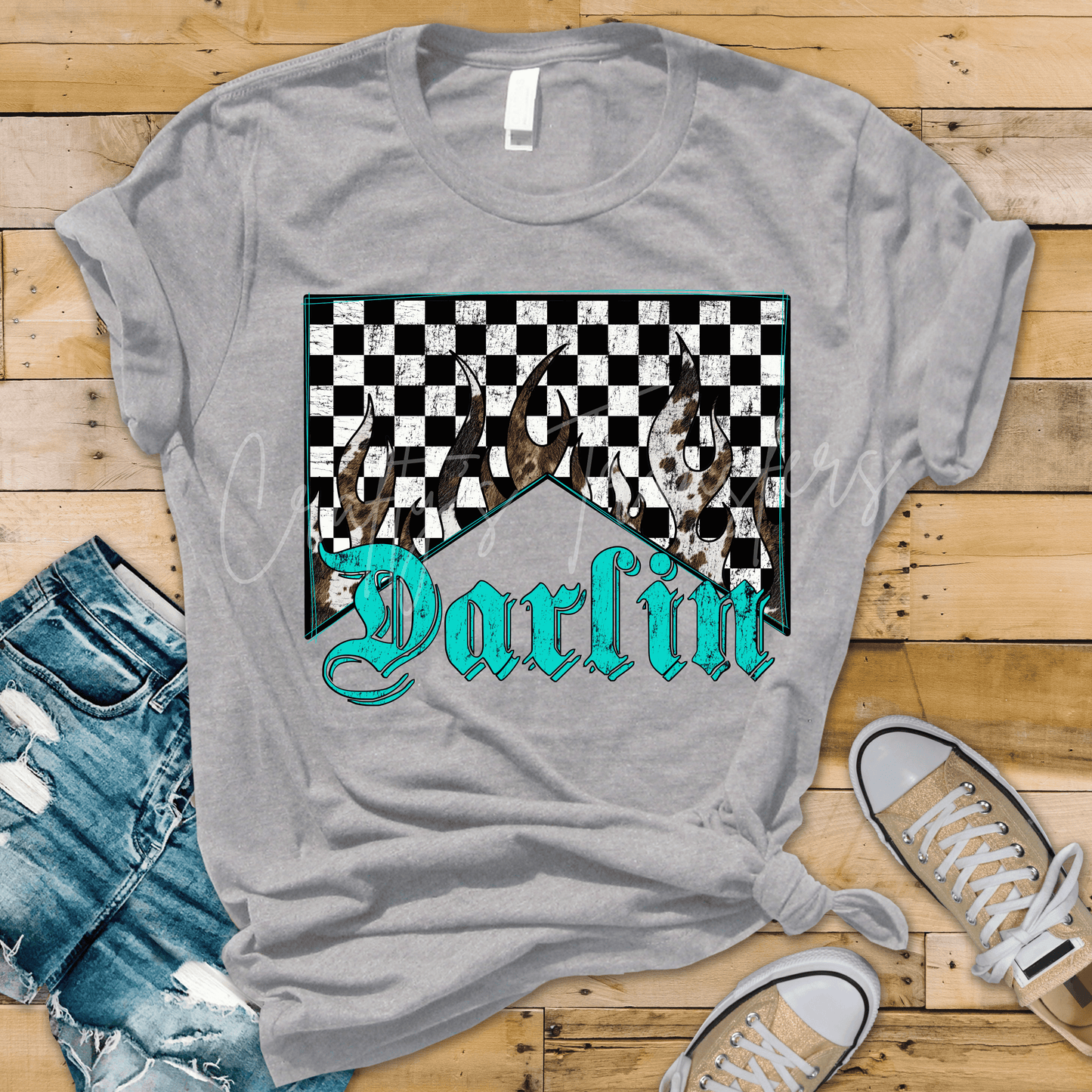 Darlin’ Western Flame DTF Transfer – Turquoise Gothic Lettering with Cowhide Flames & Checkered Background