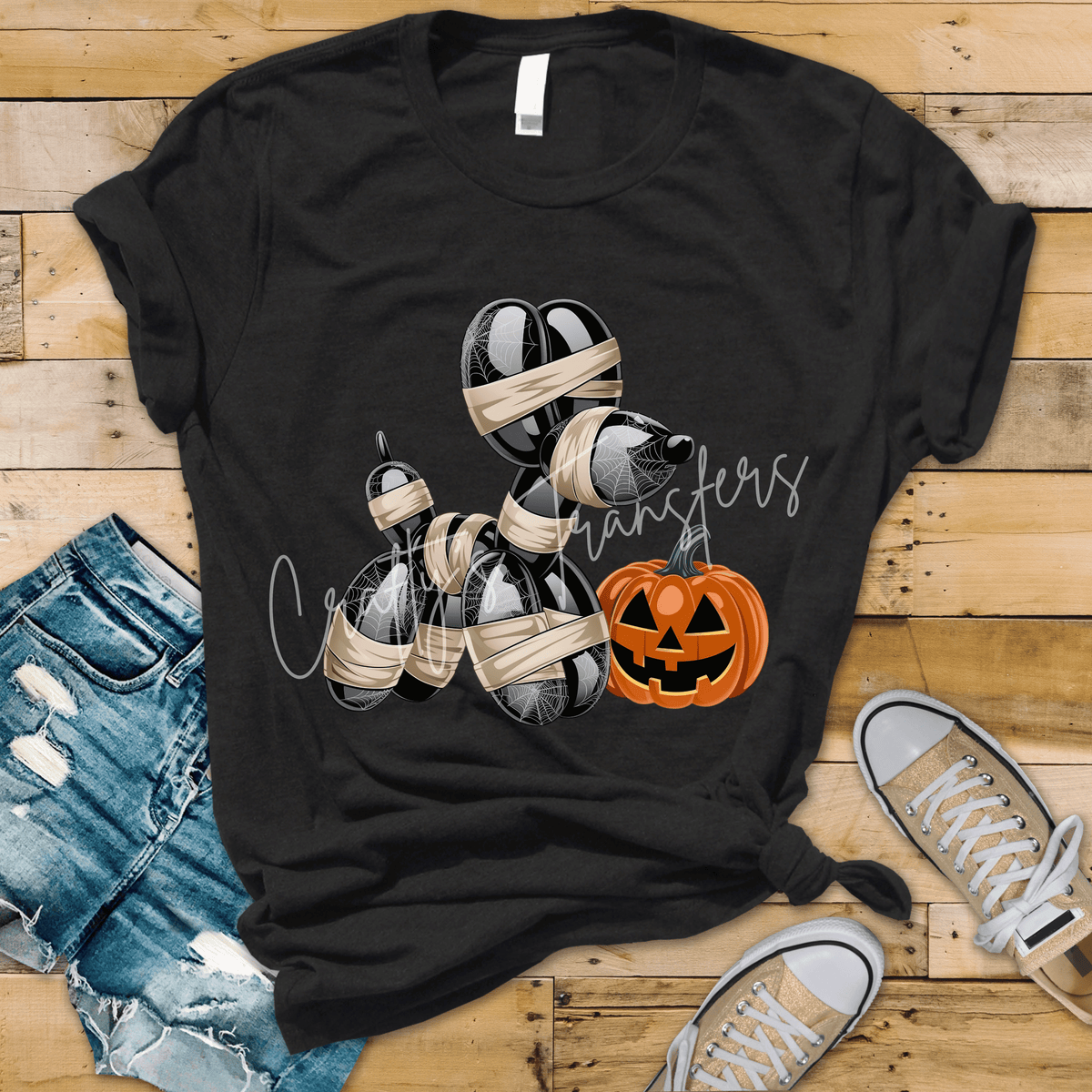 Halloween Mummy Balloon Dog DTF Transfer – Spooky Pumpkin & Spiderweb Design