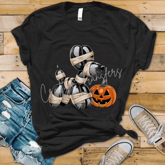 Halloween Mummy Balloon Dog DTF Transfer – Spooky Pumpkin & Spiderweb Design