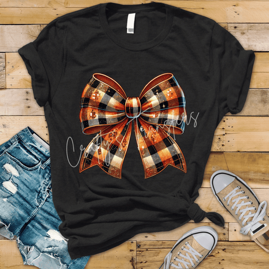 Fall Plaid Bow DTF Transfer – Orange Black Checkered Autumn Bow with Sparkle Details