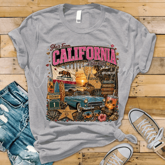 She’s From California DTF Transfer – Retro Cali Girl Beach & Coastal State Design
