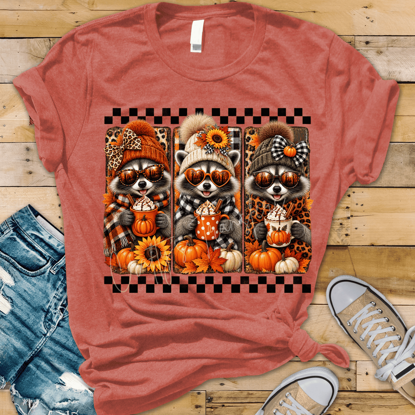 Fall Raccoon Trio DTF Transfer – Cute Autumn Raccoons with Pumpkins, Sunflowers & Hot Cocoa