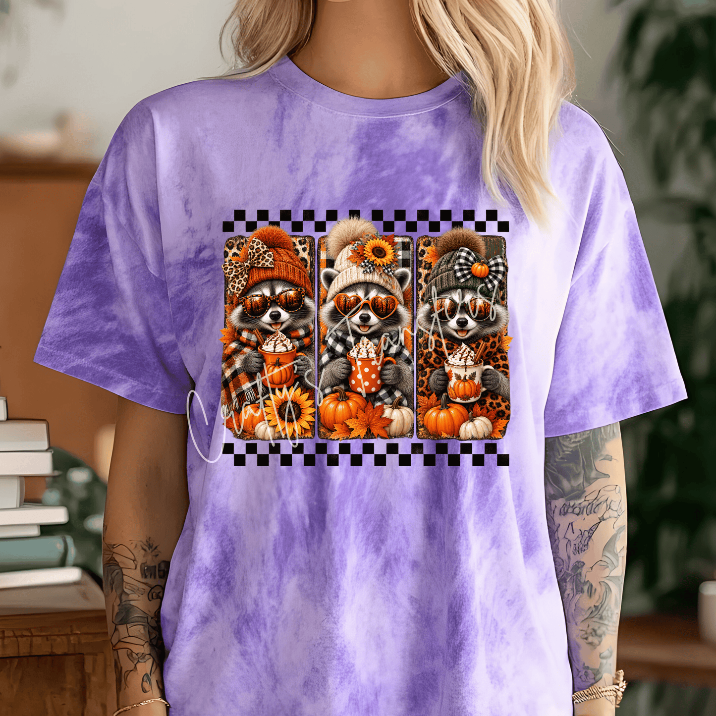 Fall Raccoon Trio DTF Transfer – Cute Autumn Raccoons with Pumpkins, Sunflowers & Hot Cocoa