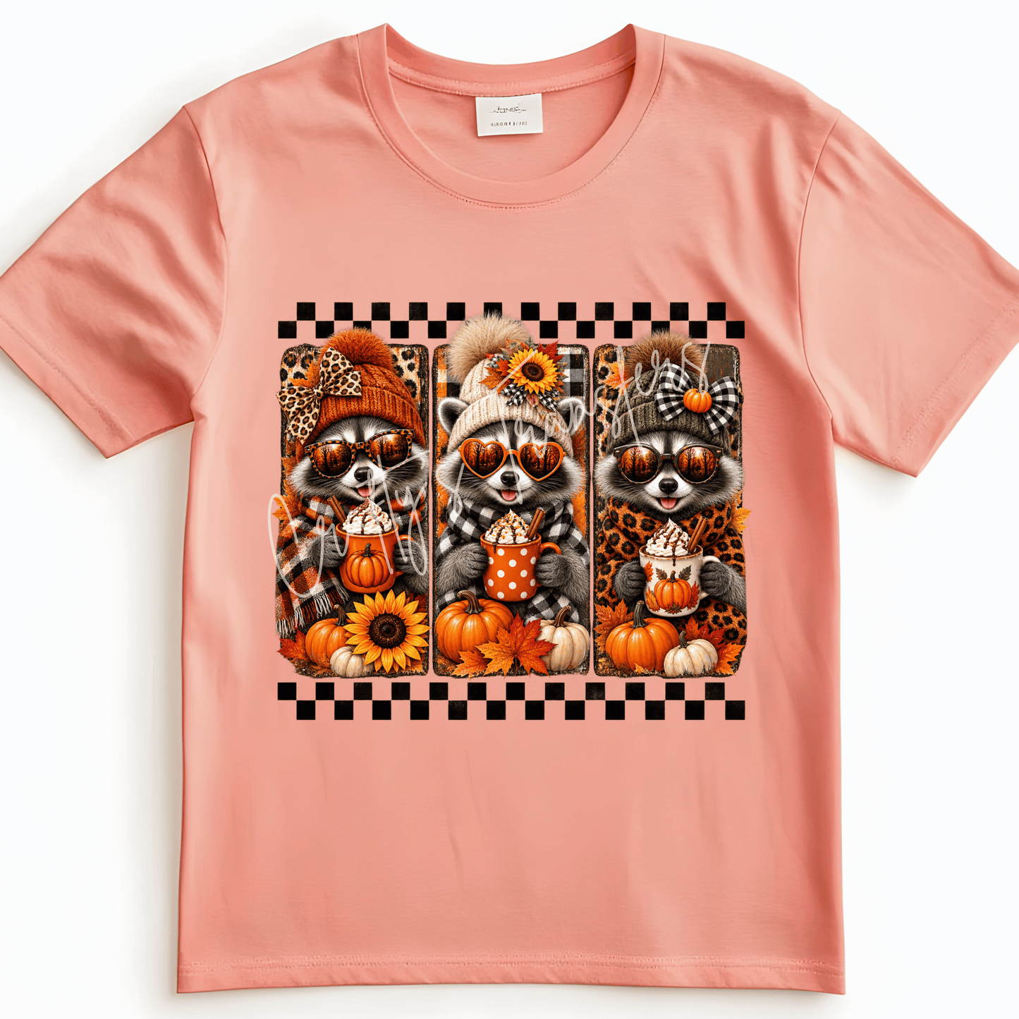 Fall Raccoon Trio DTF Transfer – Cute Autumn Raccoons with Pumpkins, Sunflowers & Hot Cocoa