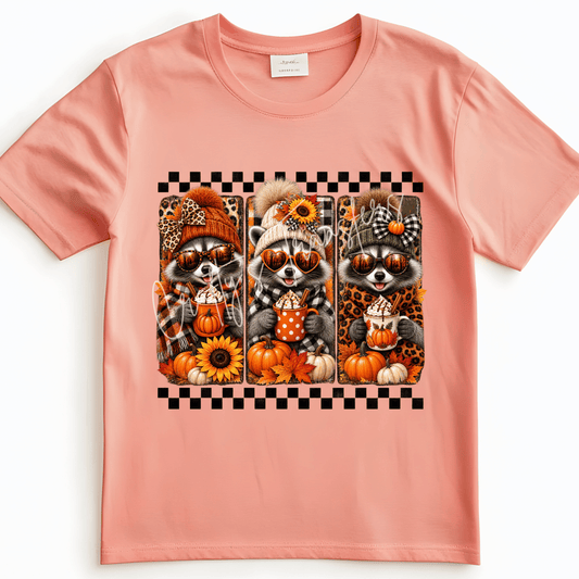 Fall Raccoon Trio DTF Transfer – Cute Autumn Raccoons with Pumpkins, Sunflowers & Hot Cocoa