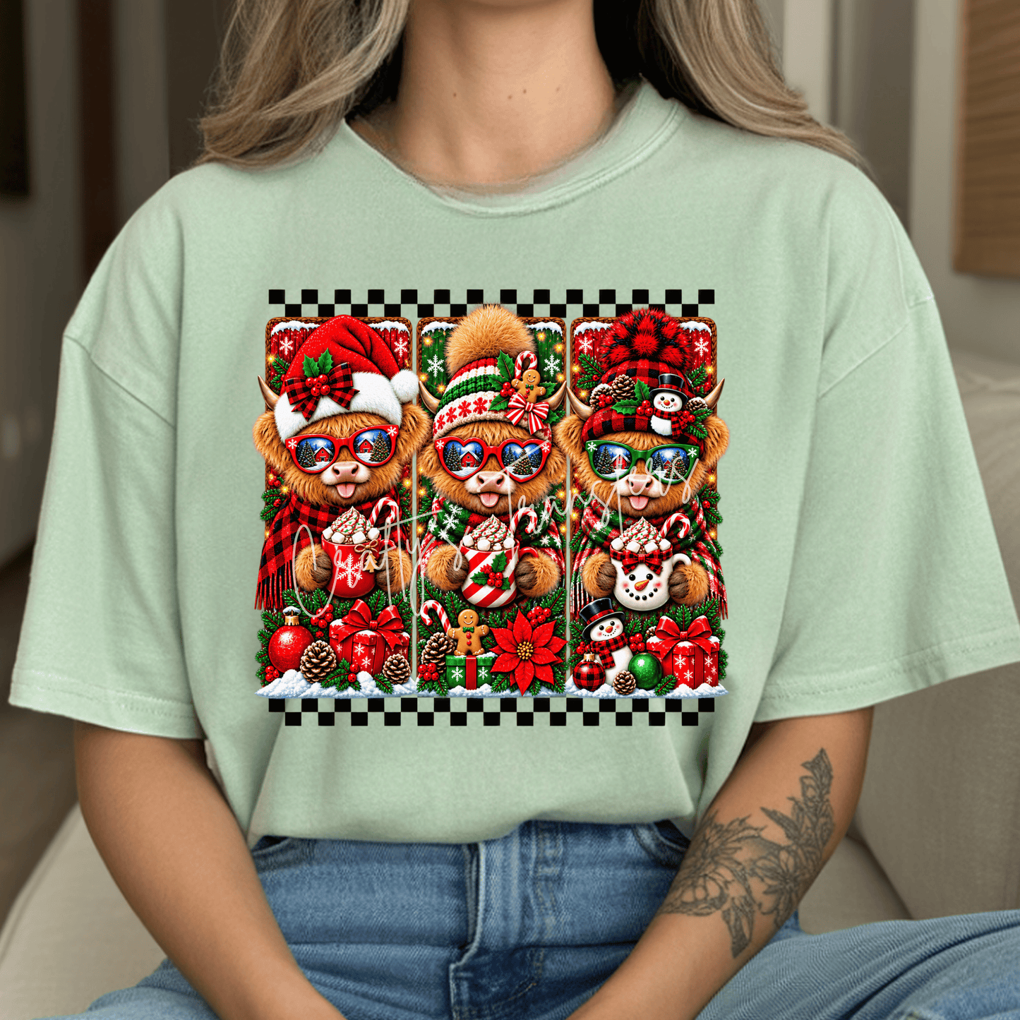 Christmas Highland Cow Trio DTF Transfer – Cute Holiday Cows with Hot Cocoa, Winter Hats & Festive Decor
