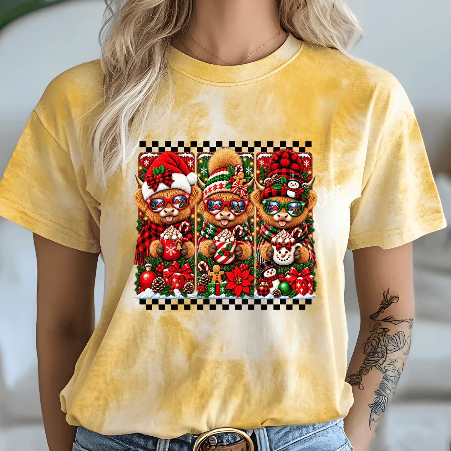 Christmas Highland Cow Trio DTF Transfer – Cute Holiday Cows with Hot Cocoa, Winter Hats & Festive Decor