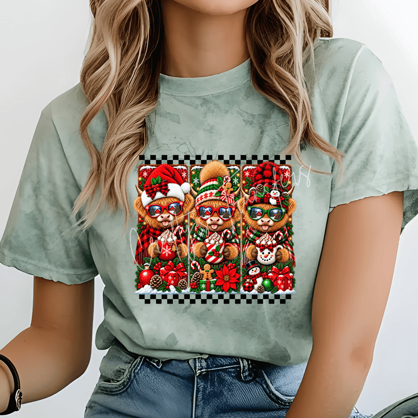 Christmas Highland Cow Trio DTF Transfer – Cute Holiday Cows with Hot Cocoa, Winter Hats & Festive Decor