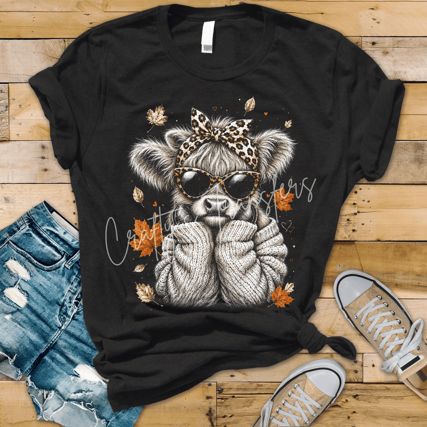 Fall Highland Cow DTF Transfer – Cute Cozy Cow with Leopard Bow, Sunglasses & Autumn Leaves
